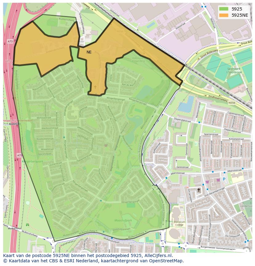 Afbeelding van het postcodegebied 5925 NE op de kaart.