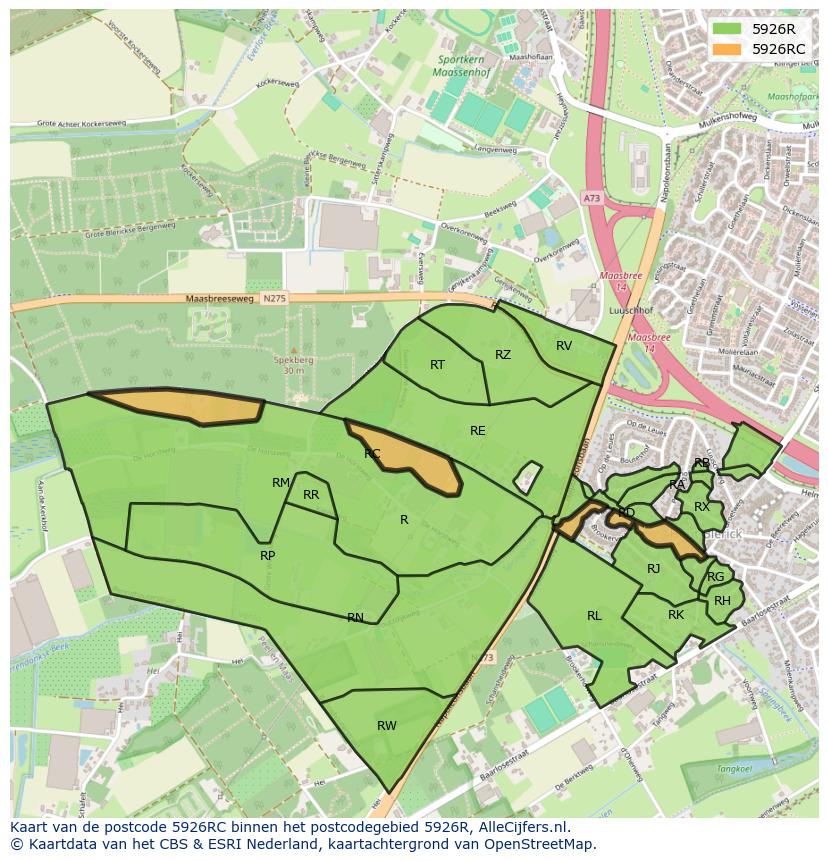 Afbeelding van het postcodegebied 5926 RC op de kaart.