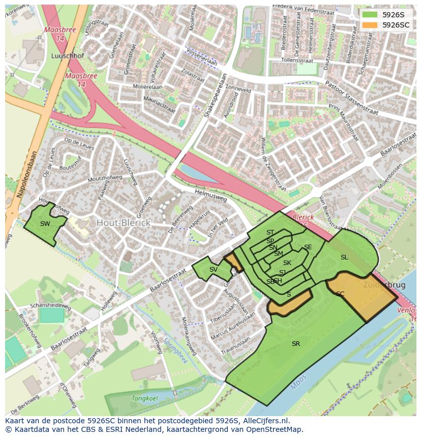 Afbeelding van het postcodegebied 5926 SC op de kaart.