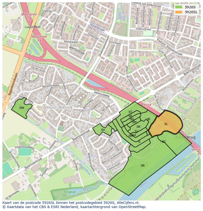 Afbeelding van het postcodegebied 5926 SL op de kaart.