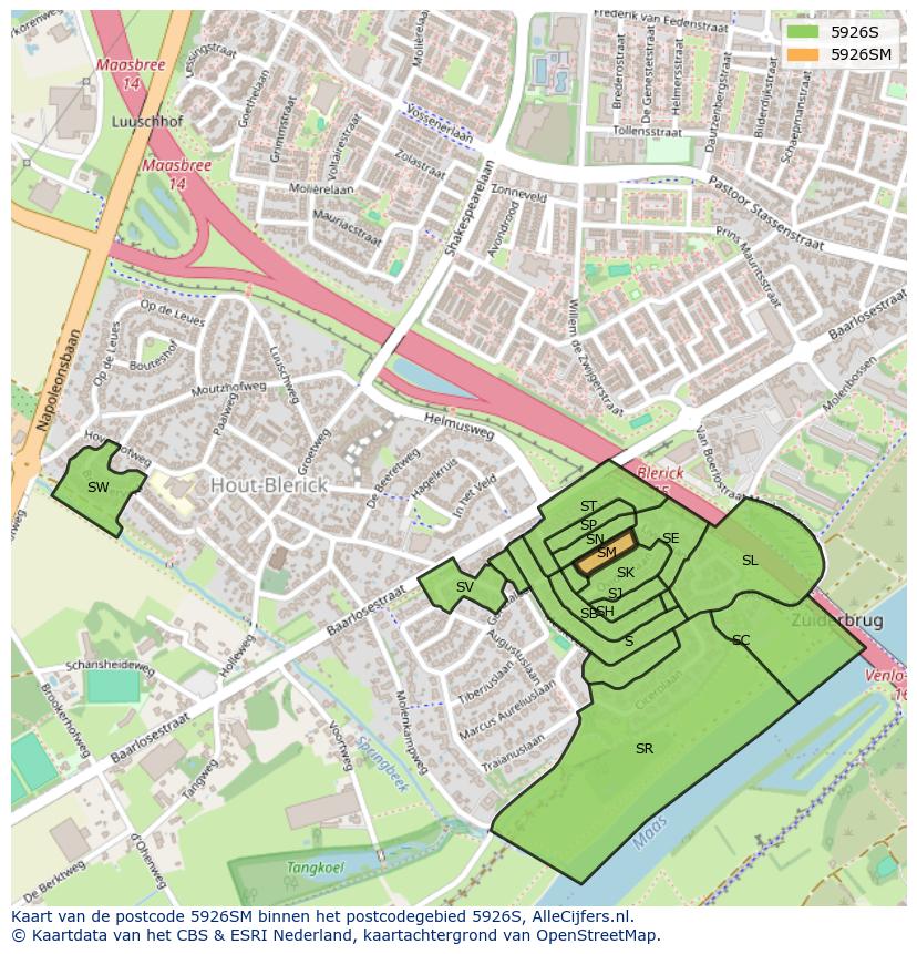 Afbeelding van het postcodegebied 5926 SM op de kaart.
