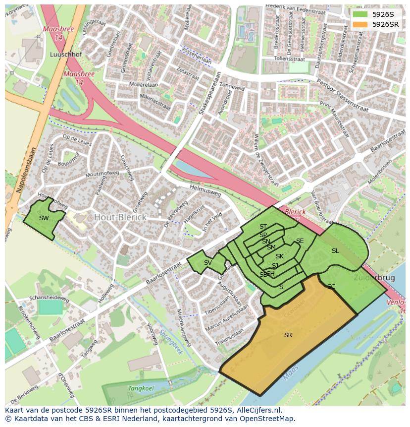 Afbeelding van het postcodegebied 5926 SR op de kaart.