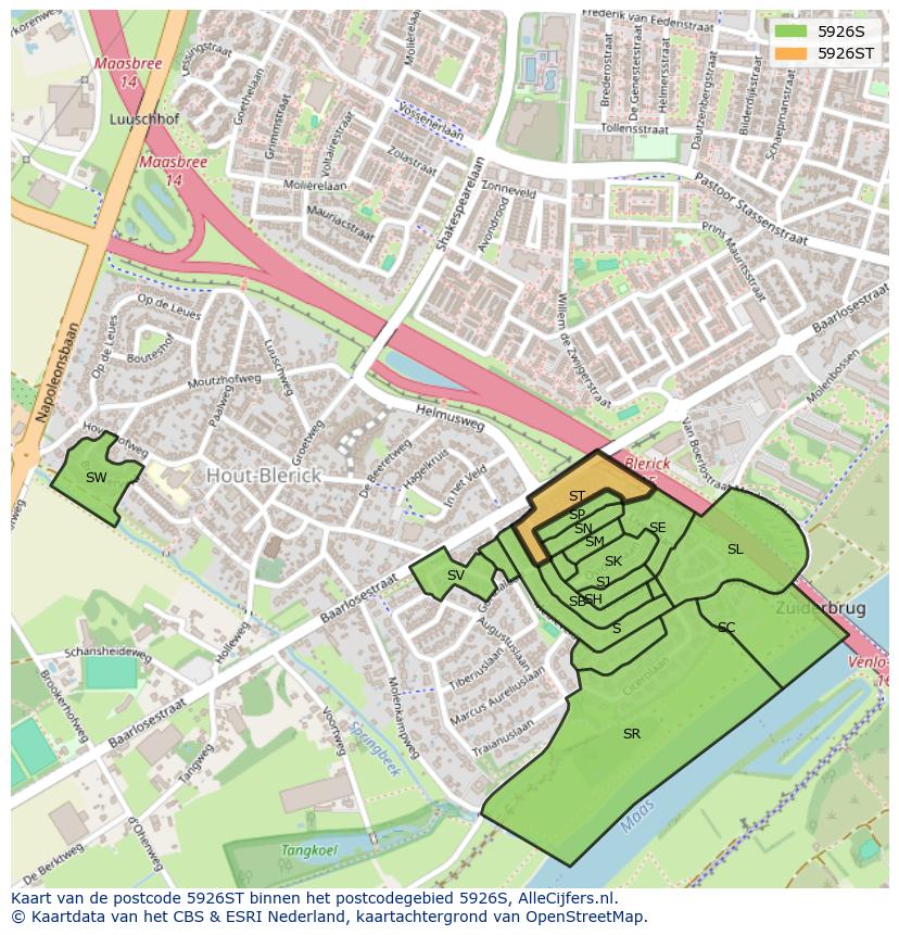 Afbeelding van het postcodegebied 5926 ST op de kaart.
