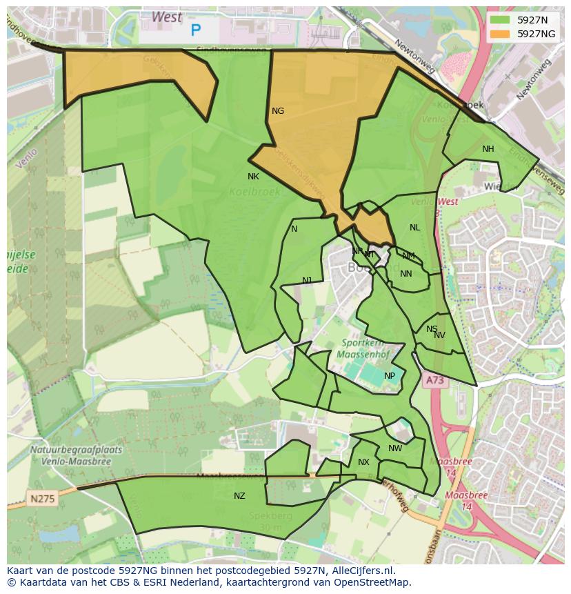Afbeelding van het postcodegebied 5927 NG op de kaart.