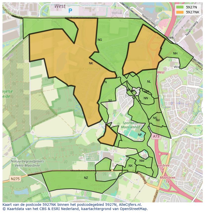 Afbeelding van het postcodegebied 5927 NK op de kaart.