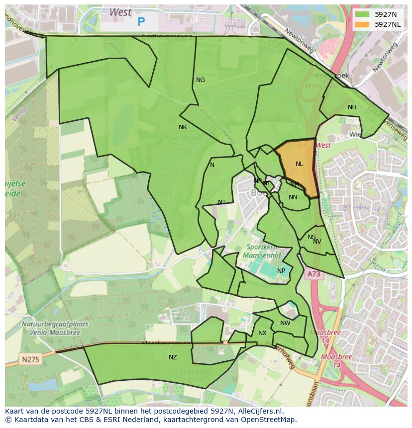 Afbeelding van het postcodegebied 5927 NL op de kaart.