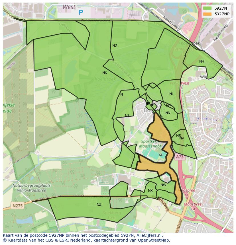 Afbeelding van het postcodegebied 5927 NP op de kaart.