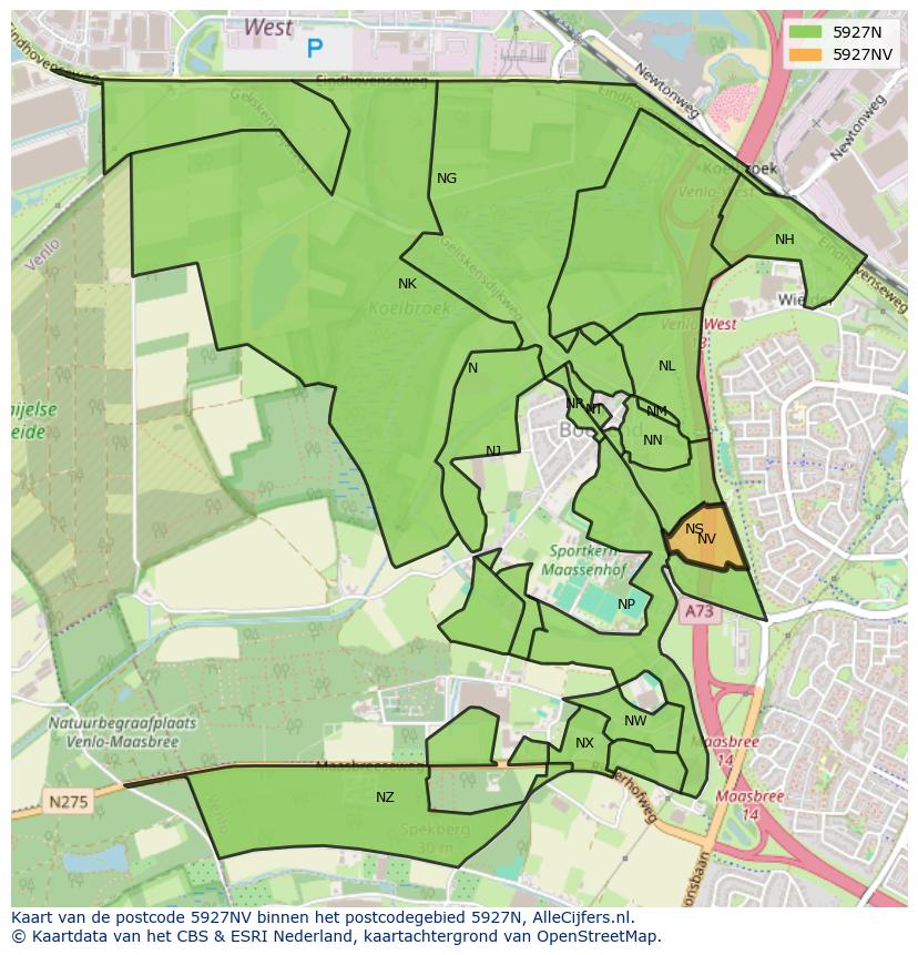 Afbeelding van het postcodegebied 5927 NV op de kaart.
