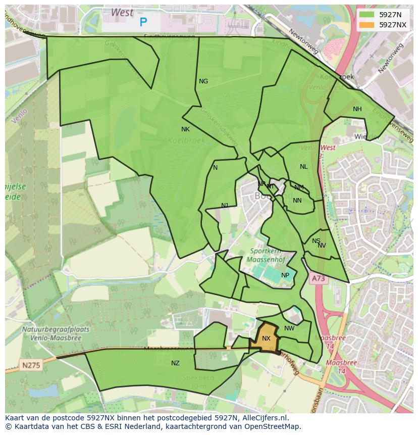 Afbeelding van het postcodegebied 5927 NX op de kaart.