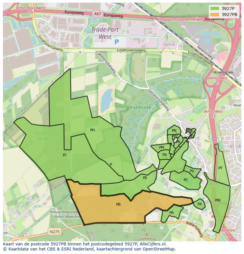 Afbeelding van het postcodegebied 5927 PB op de kaart.