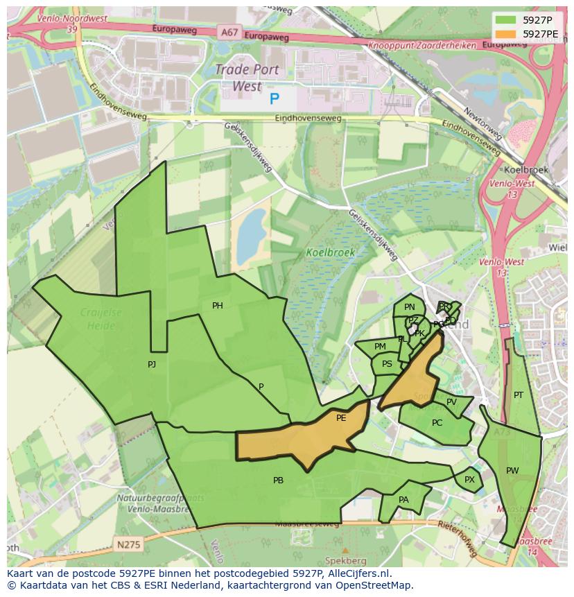 Afbeelding van het postcodegebied 5927 PE op de kaart.