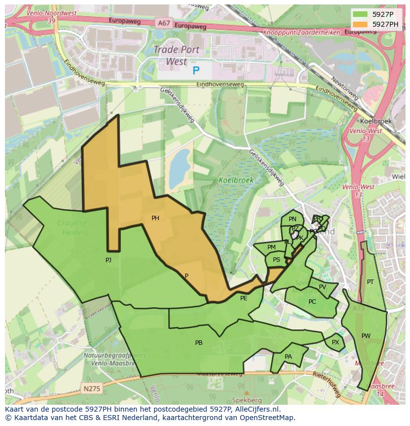 Afbeelding van het postcodegebied 5927 PH op de kaart.