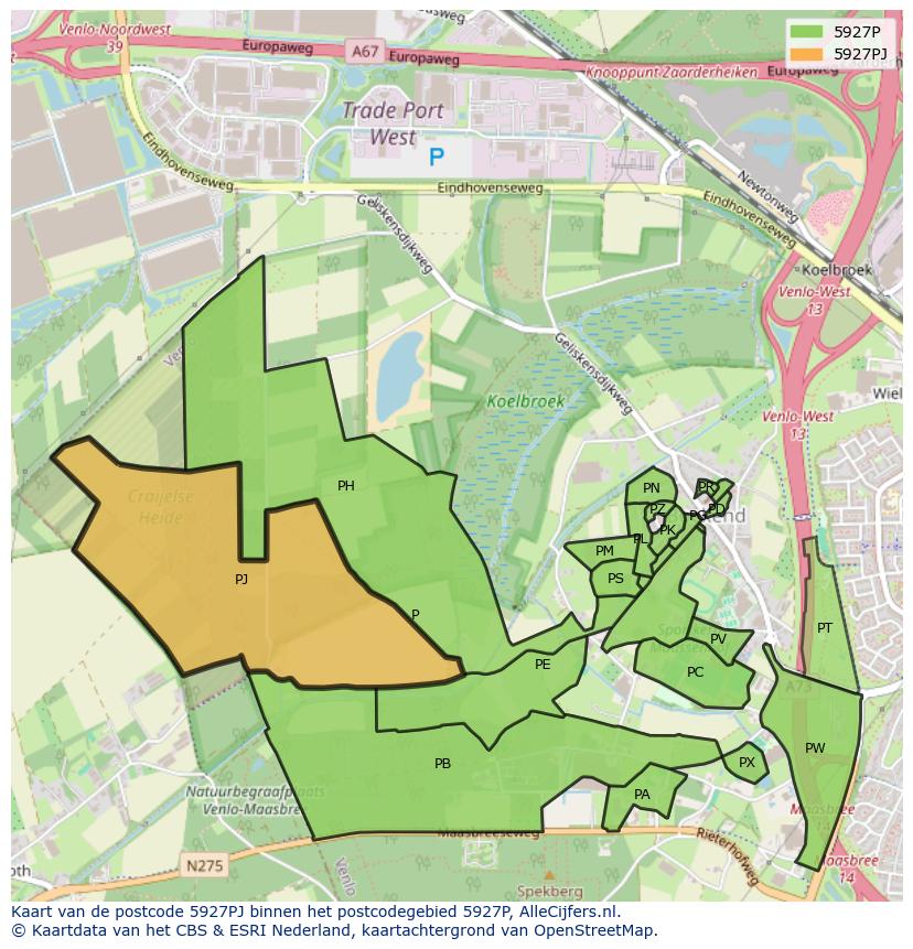 Afbeelding van het postcodegebied 5927 PJ op de kaart.