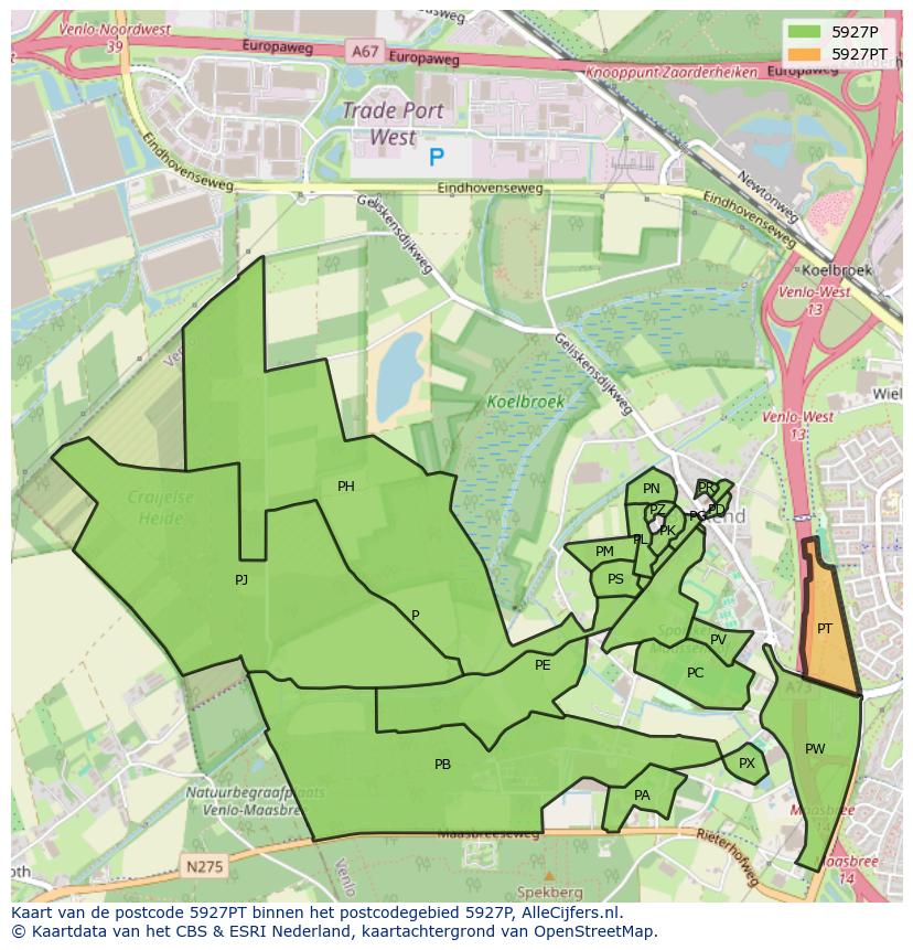 Afbeelding van het postcodegebied 5927 PT op de kaart.