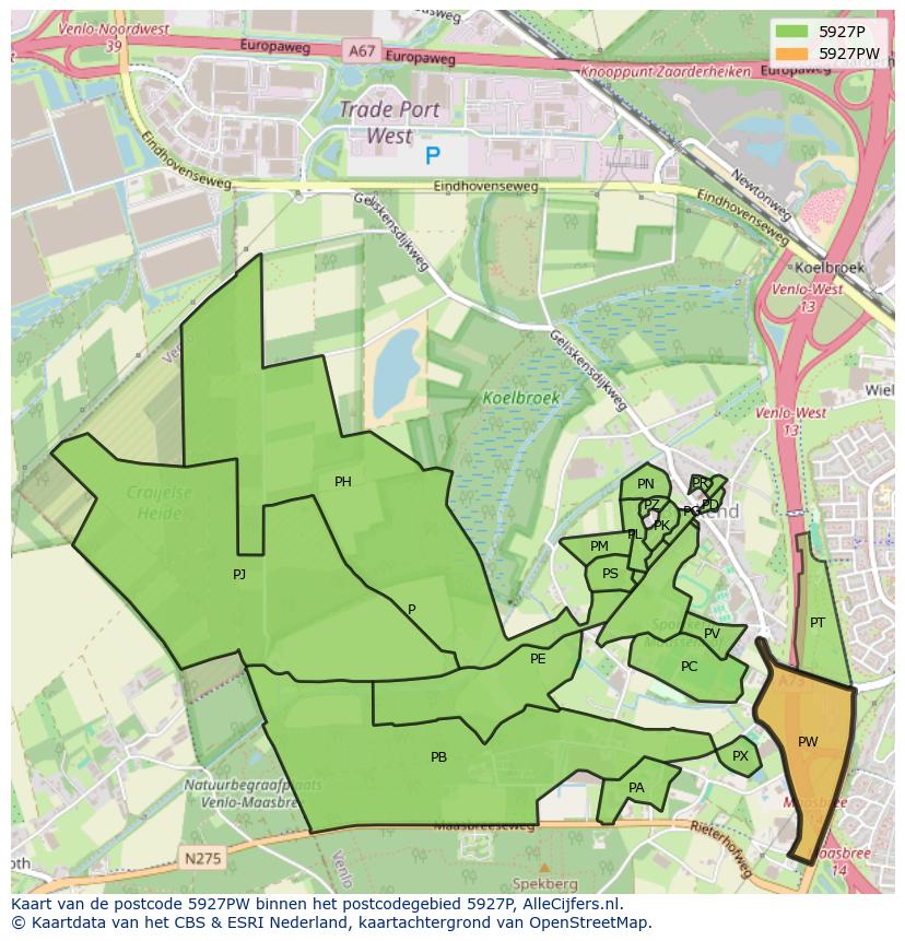 Afbeelding van het postcodegebied 5927 PW op de kaart.