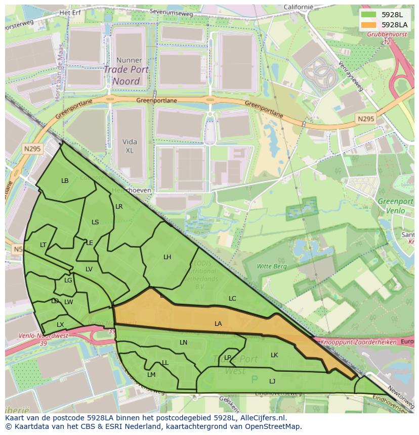 Afbeelding van het postcodegebied 5928 LA op de kaart.