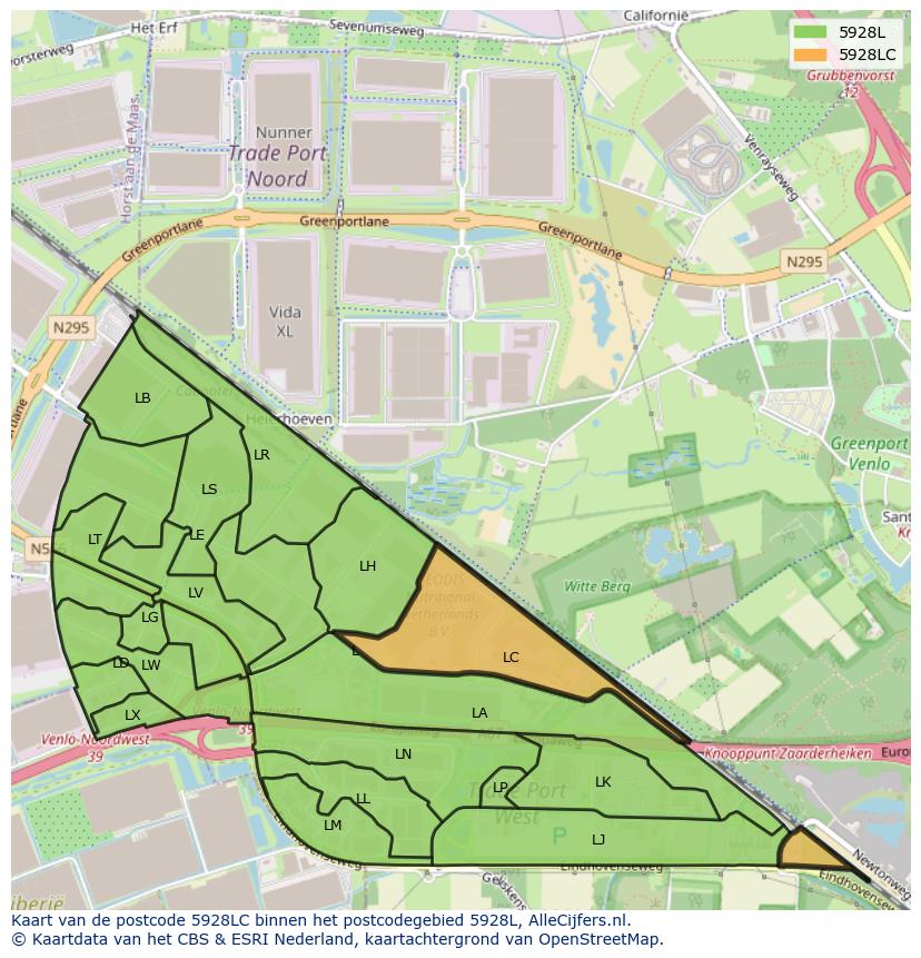 Afbeelding van het postcodegebied 5928 LC op de kaart.