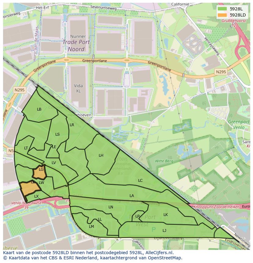 Afbeelding van het postcodegebied 5928 LD op de kaart.