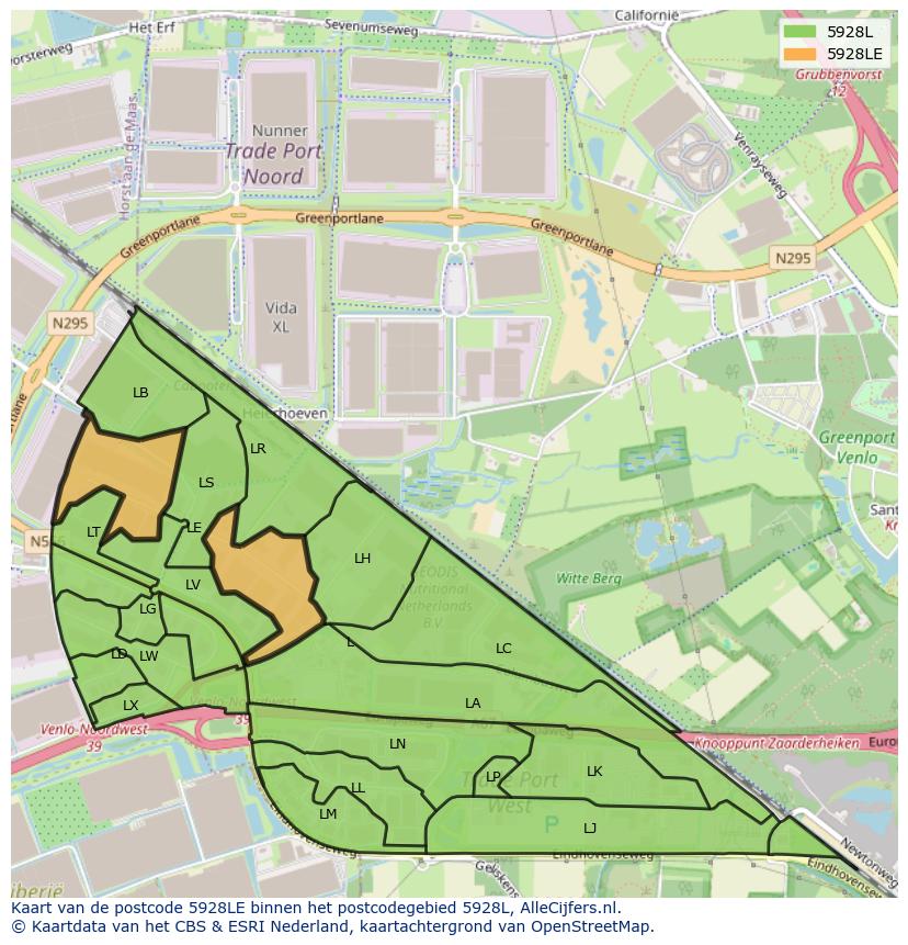 Afbeelding van het postcodegebied 5928 LE op de kaart.