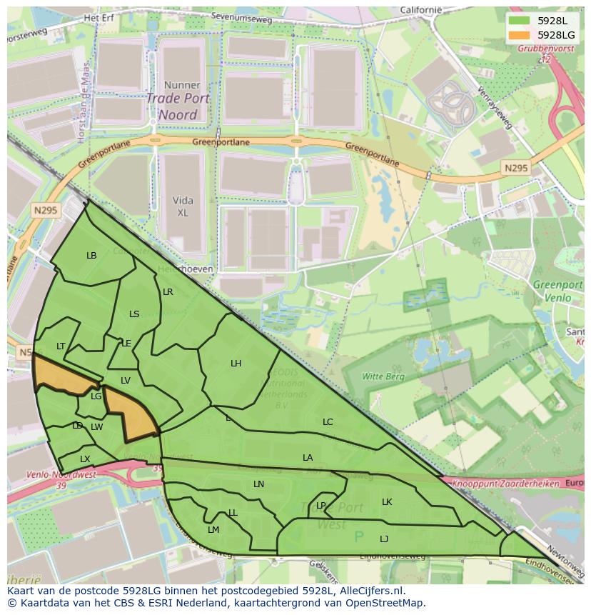 Afbeelding van het postcodegebied 5928 LG op de kaart.