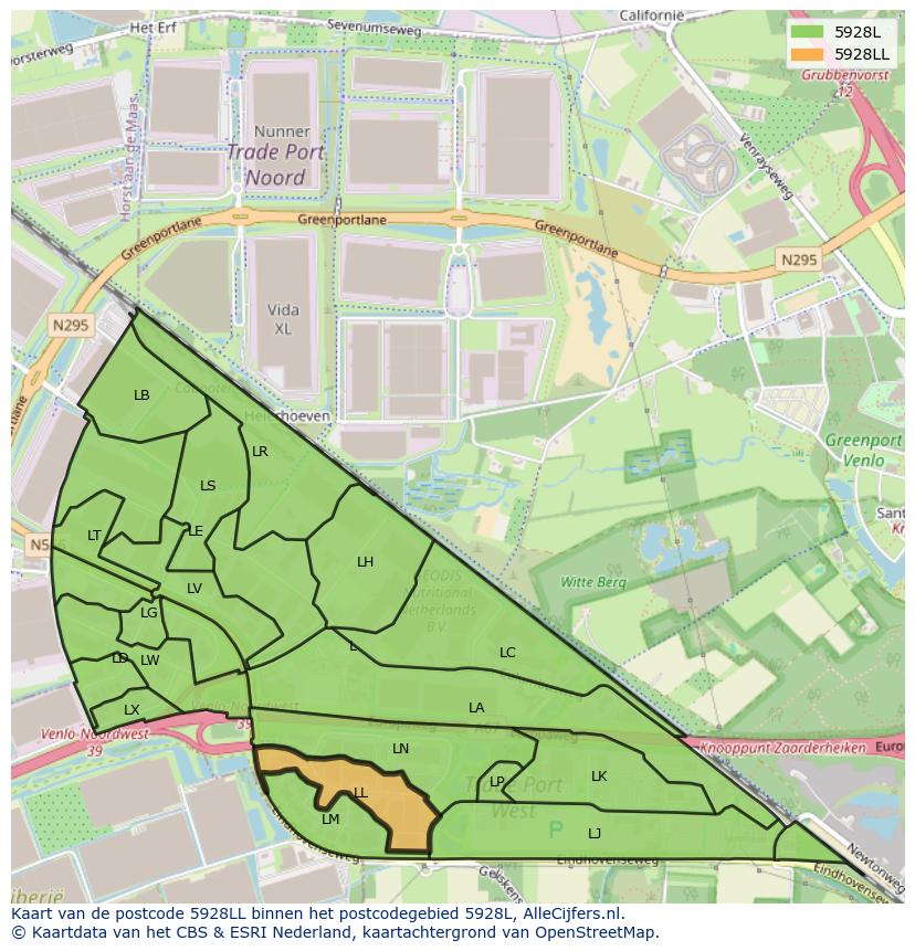 Afbeelding van het postcodegebied 5928 LL op de kaart.