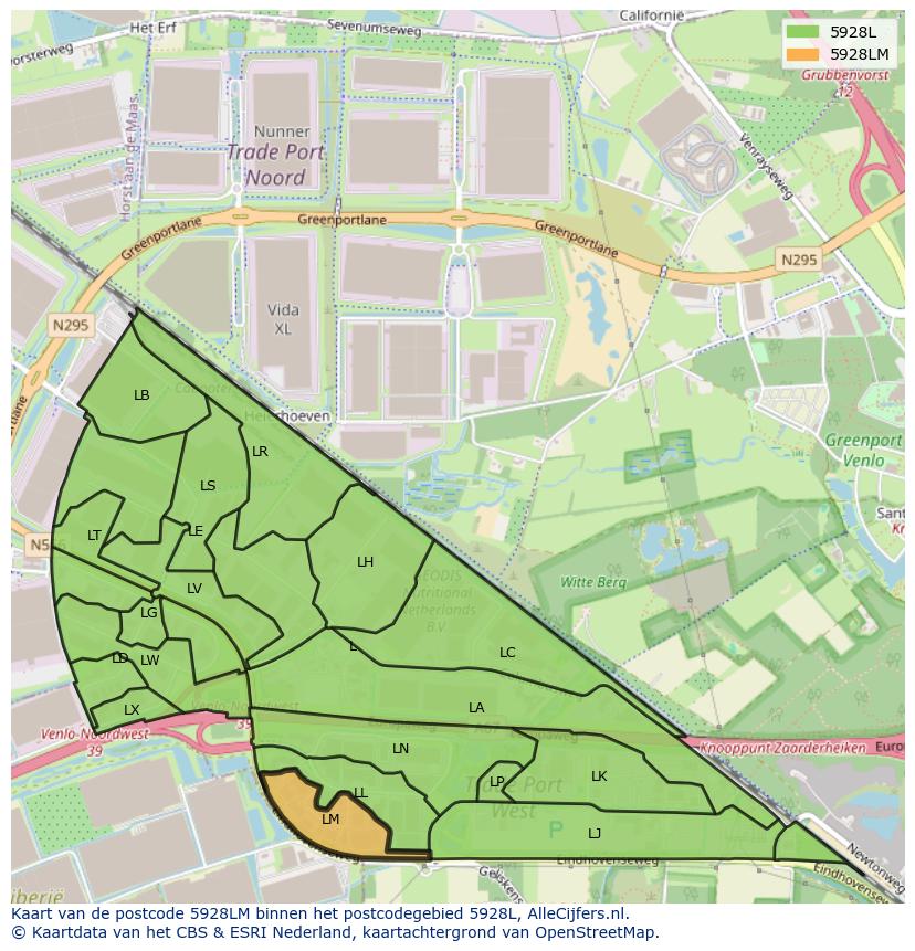 Afbeelding van het postcodegebied 5928 LM op de kaart.