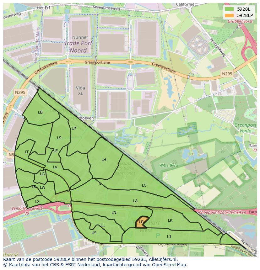 Afbeelding van het postcodegebied 5928 LP op de kaart.