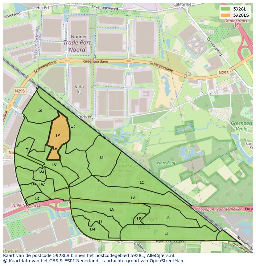 Afbeelding van het postcodegebied 5928 LS op de kaart.