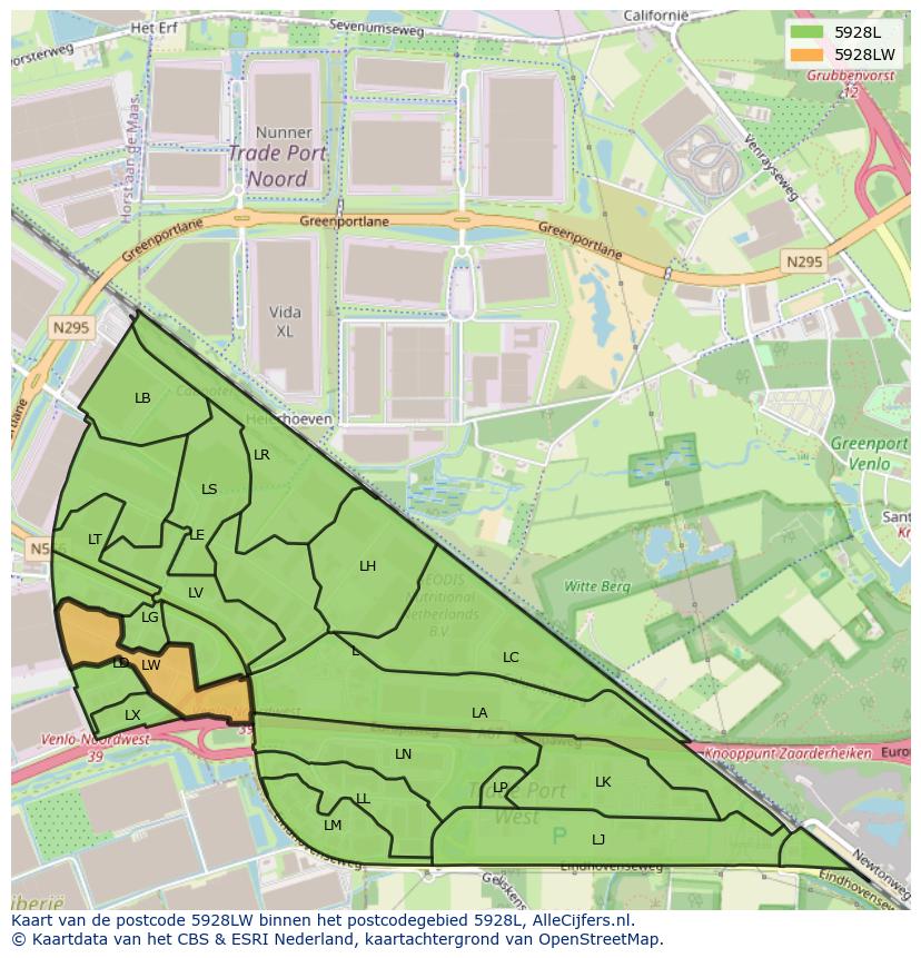 Afbeelding van het postcodegebied 5928 LW op de kaart.