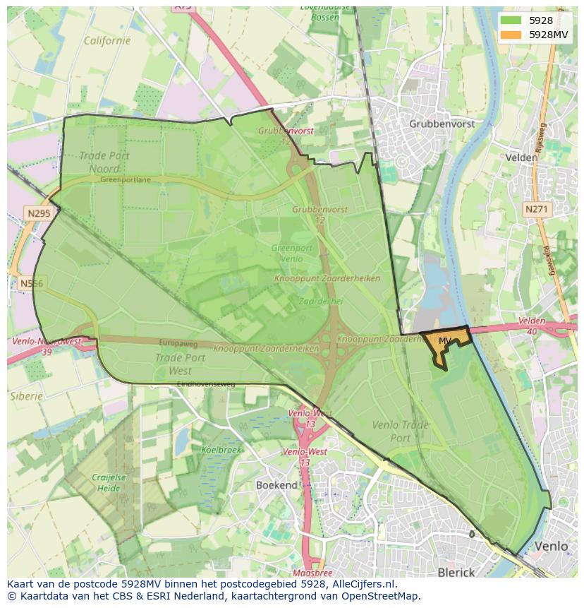 Afbeelding van het postcodegebied 5928 MV op de kaart.