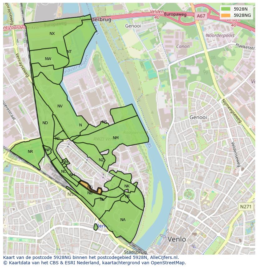 Afbeelding van het postcodegebied 5928 NG op de kaart.
