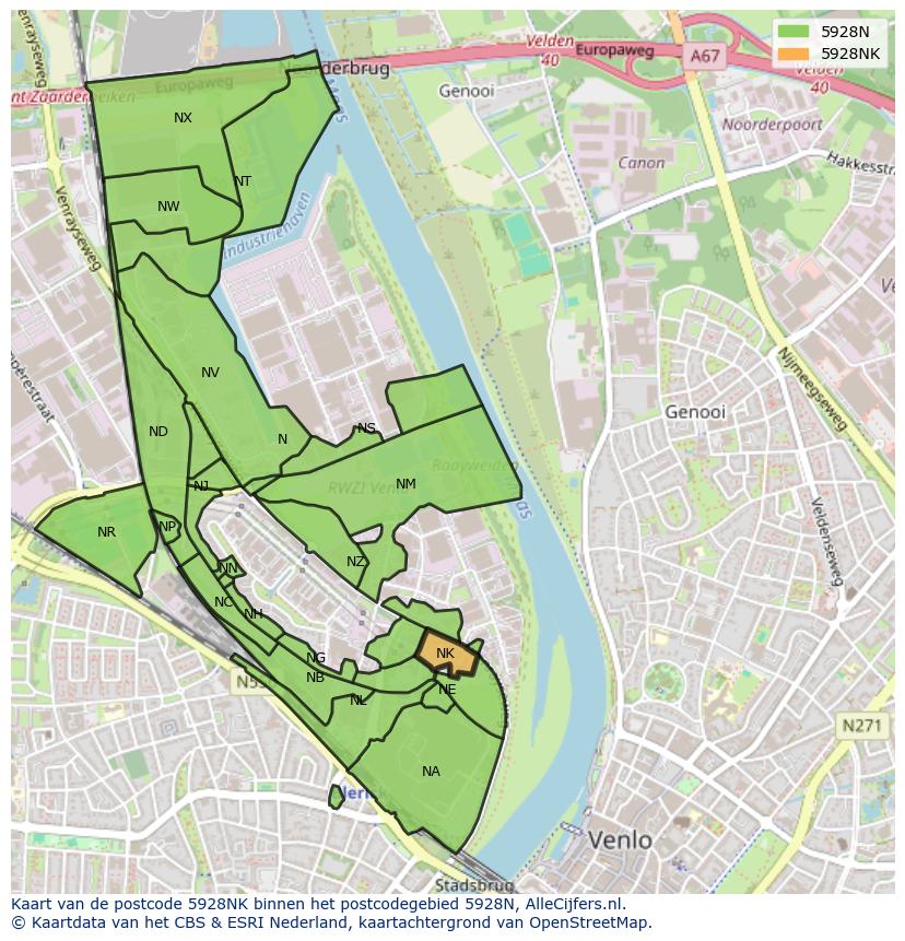Afbeelding van het postcodegebied 5928 NK op de kaart.