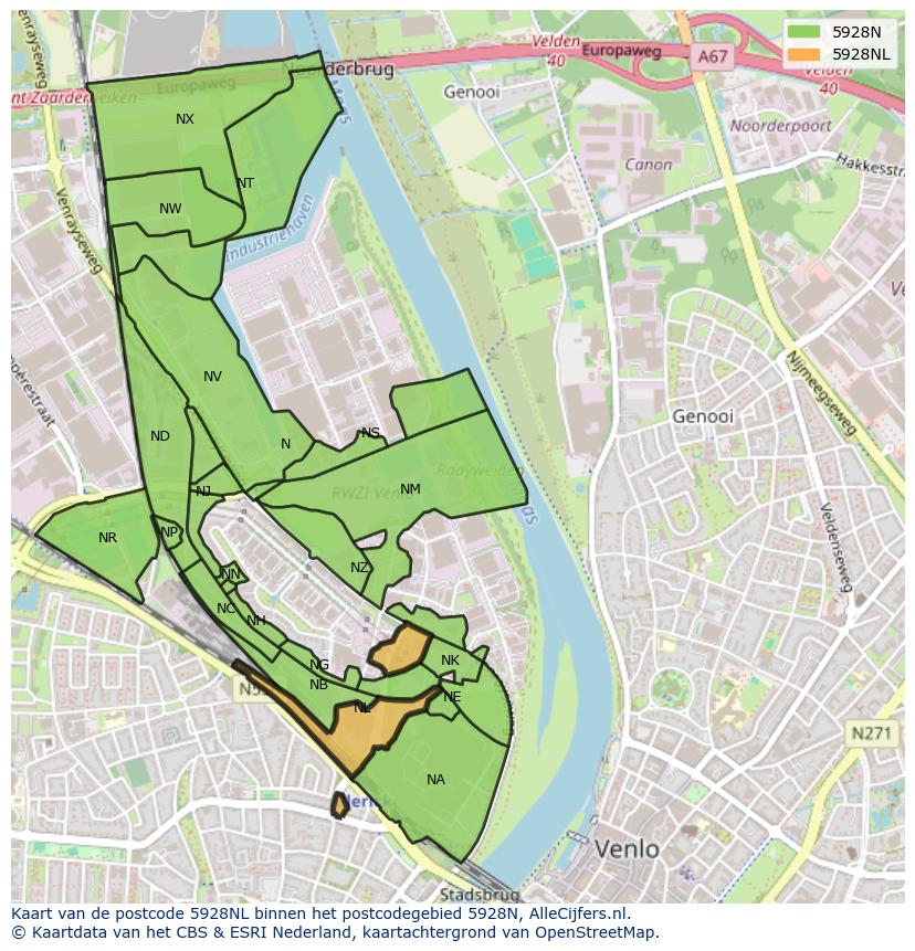 Afbeelding van het postcodegebied 5928 NL op de kaart.