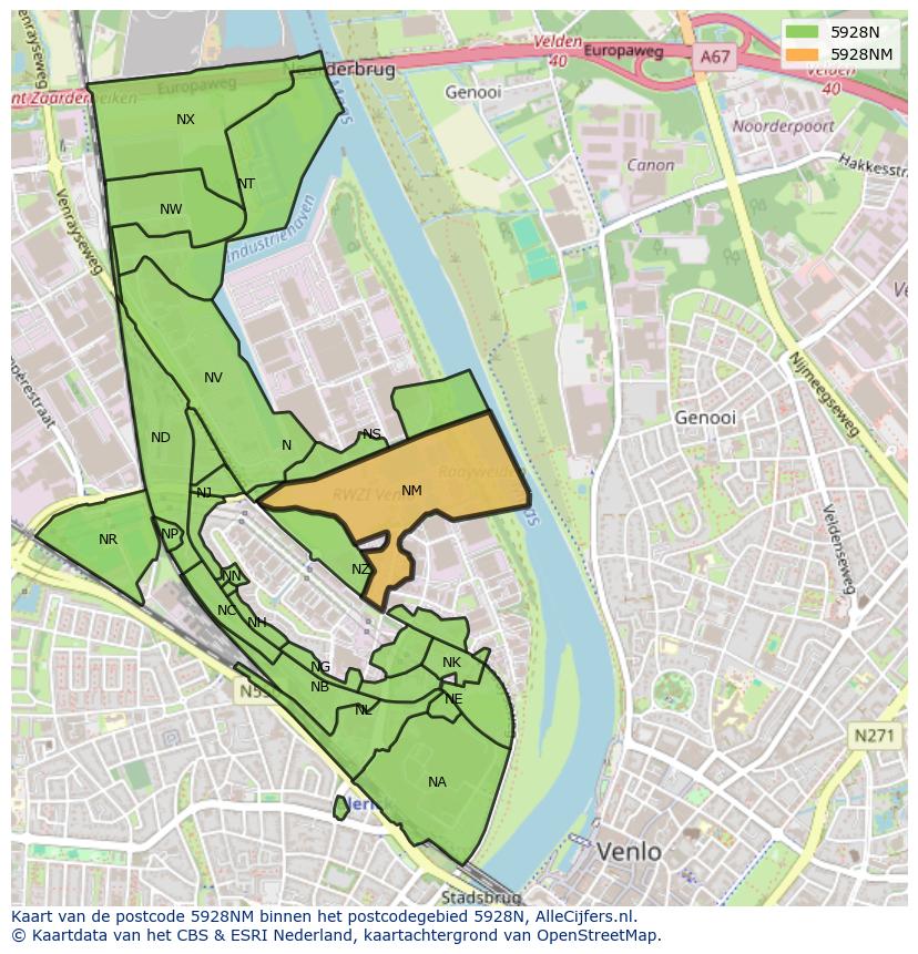 Afbeelding van het postcodegebied 5928 NM op de kaart.