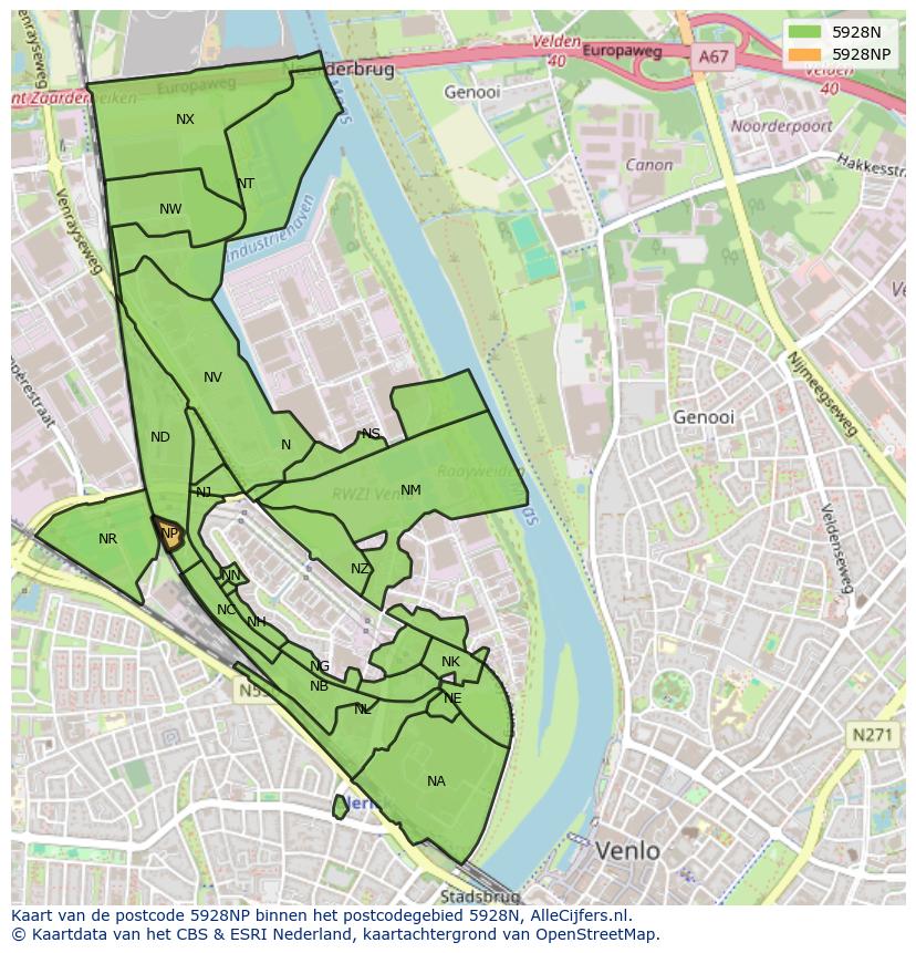 Afbeelding van het postcodegebied 5928 NP op de kaart.