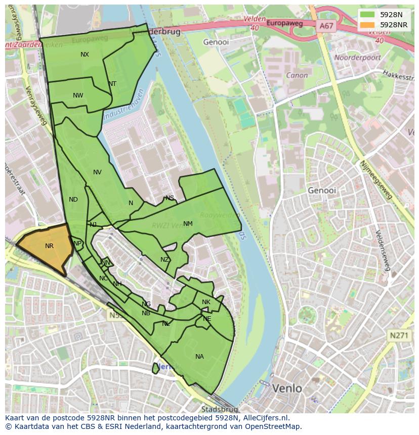 Afbeelding van het postcodegebied 5928 NR op de kaart.