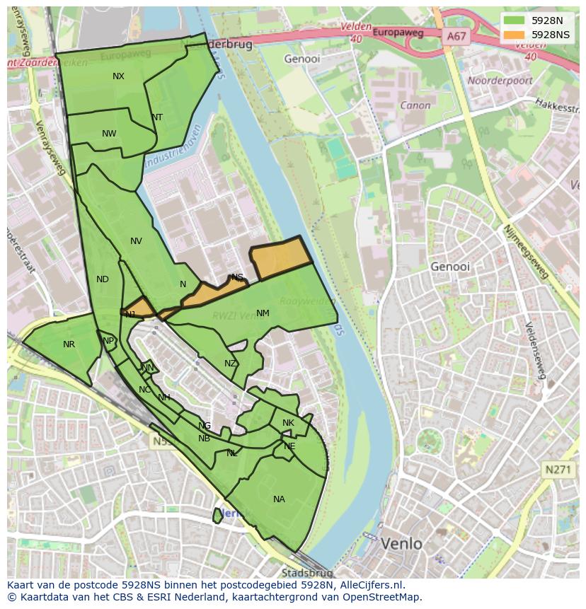Afbeelding van het postcodegebied 5928 NS op de kaart.