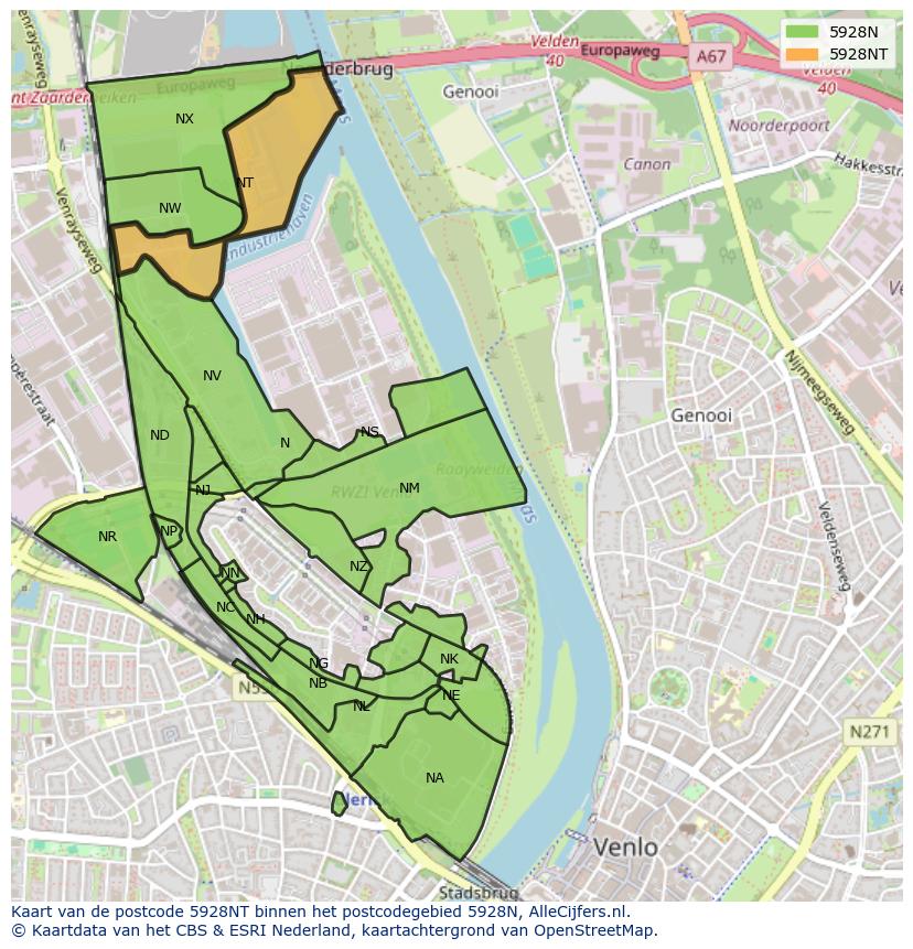 Afbeelding van het postcodegebied 5928 NT op de kaart.