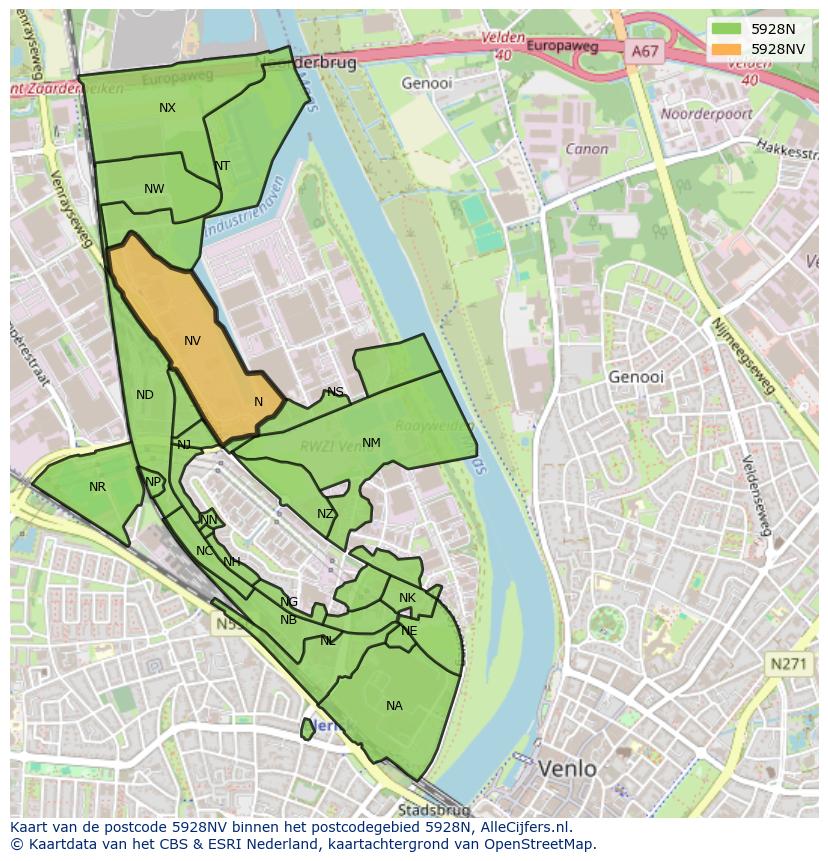Afbeelding van het postcodegebied 5928 NV op de kaart.