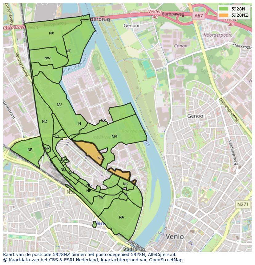 Afbeelding van het postcodegebied 5928 NZ op de kaart.