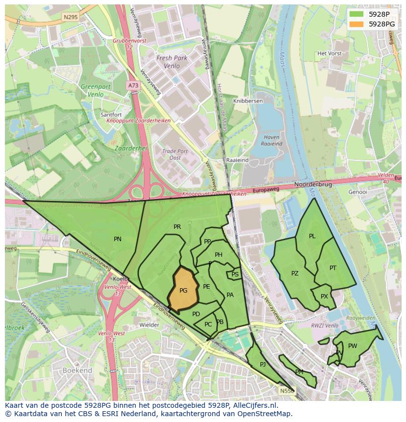 Afbeelding van het postcodegebied 5928 PG op de kaart.