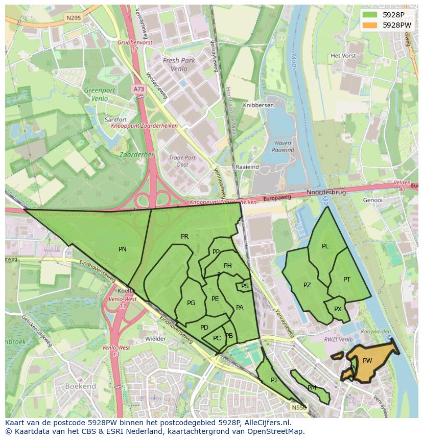 Afbeelding van het postcodegebied 5928 PW op de kaart.