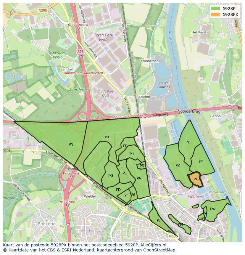 Afbeelding van het postcodegebied 5928 PX op de kaart.