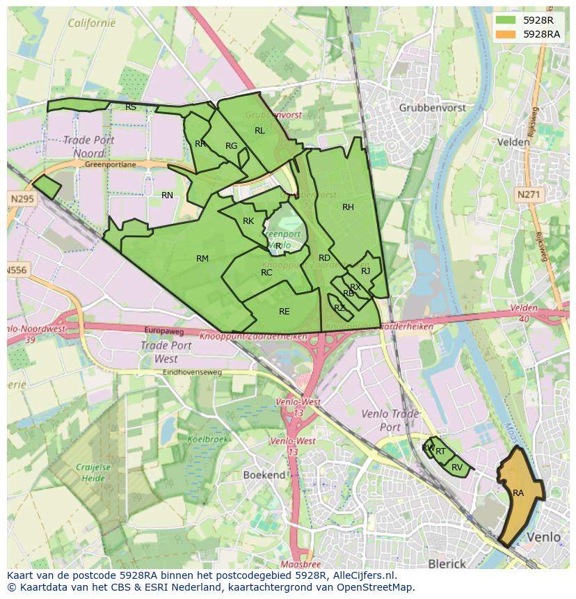Afbeelding van het postcodegebied 5928 RA op de kaart.