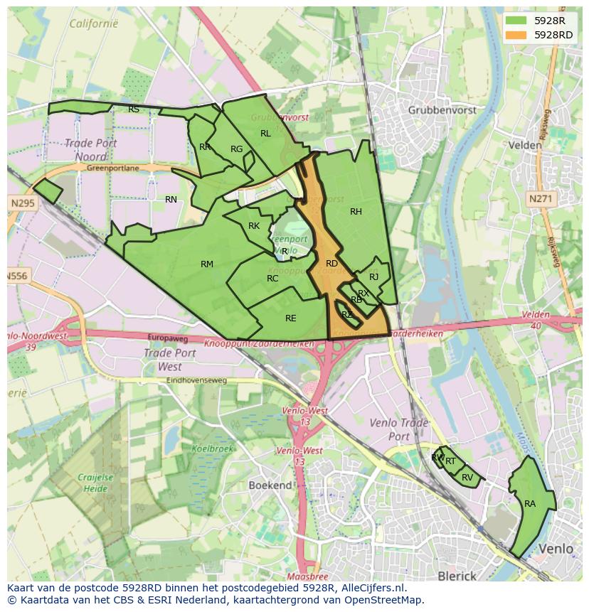 Afbeelding van het postcodegebied 5928 RD op de kaart.