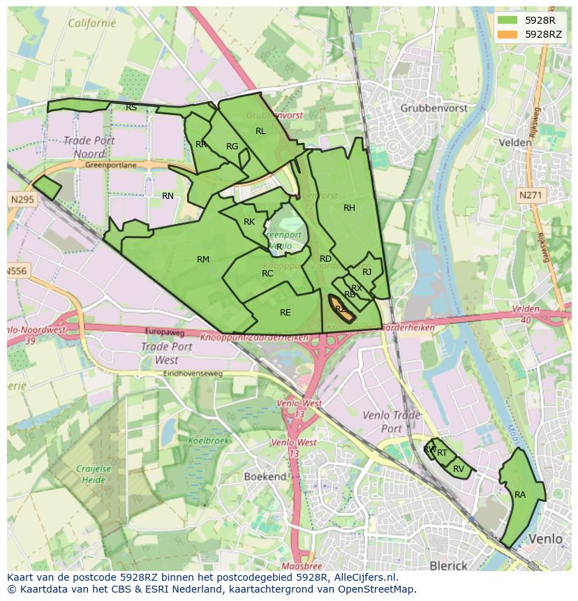 Afbeelding van het postcodegebied 5928 RZ op de kaart.