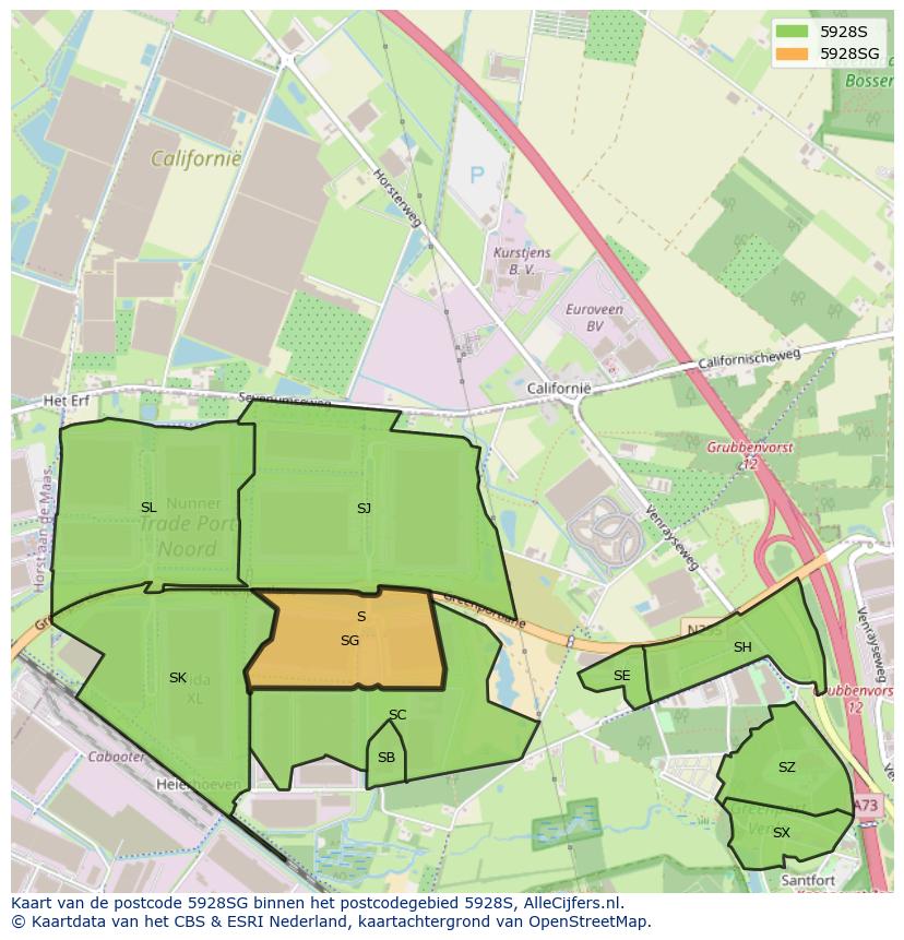 Afbeelding van het postcodegebied 5928 SG op de kaart.