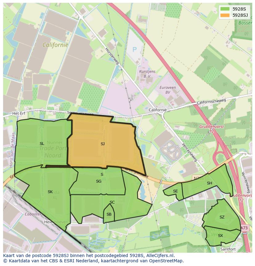 Afbeelding van het postcodegebied 5928 SJ op de kaart.