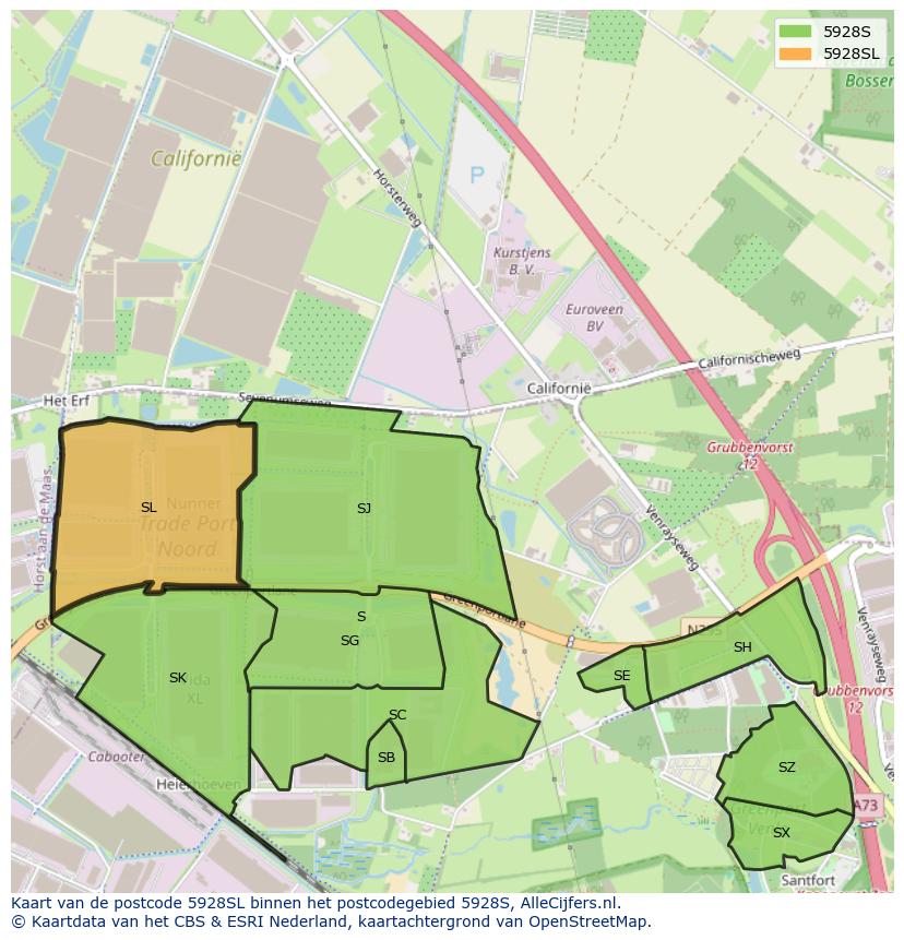 Afbeelding van het postcodegebied 5928 SL op de kaart.