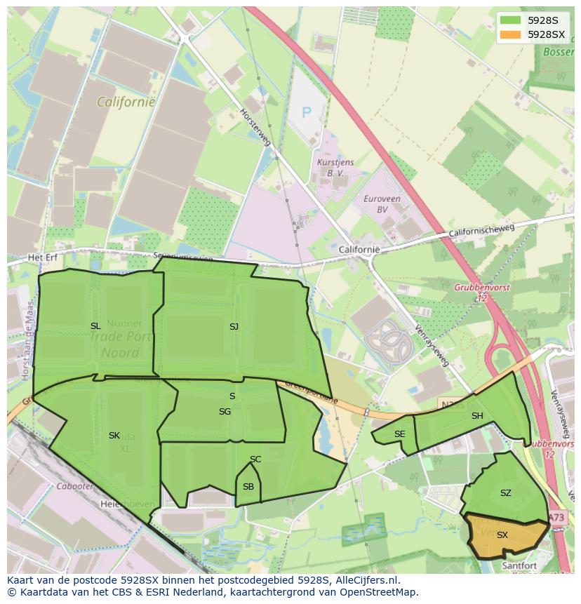 Afbeelding van het postcodegebied 5928 SX op de kaart.